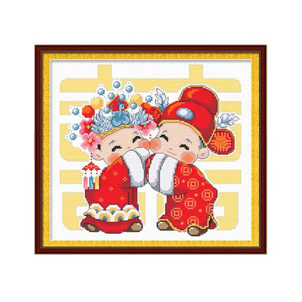 Chinese Couple in Traditional Wedding Cartoon Stamped Cross Stitch Kit, 16.5" x 16.1"