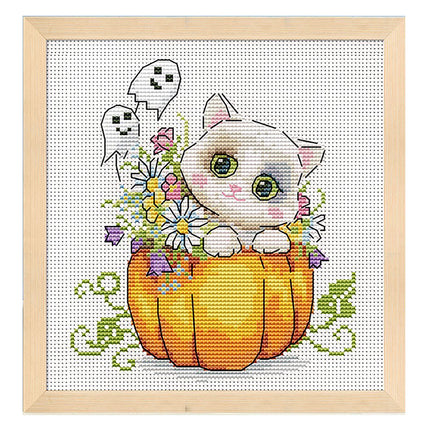 Halloween White Kitty Stamped Cross Stitch Kit, 10.2" x 11.8"