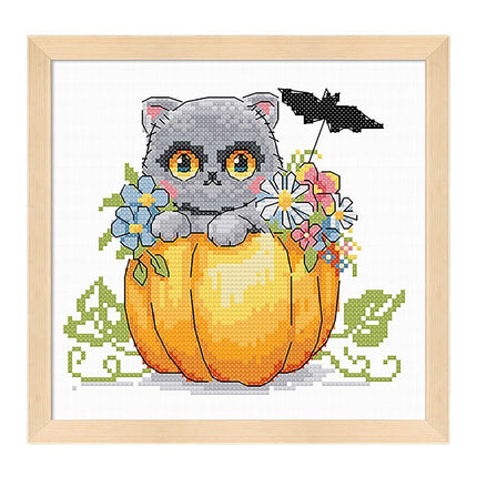 Halloween Grey Cat Stamped Cross Stitch Kit, 11.8" x 10.2"