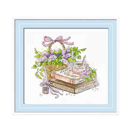 Lavender Coffee and Book Stamped Cross Stitch Kit, 19.7" x 18.9"