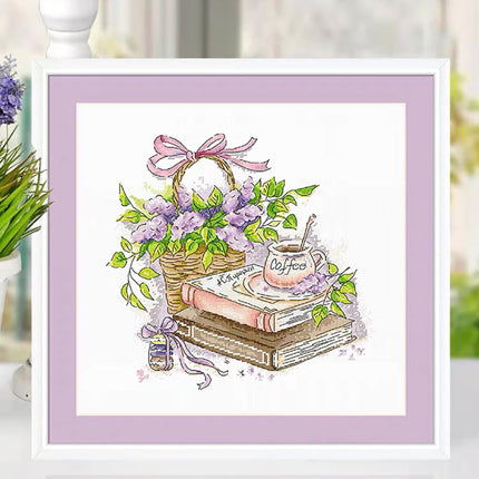 Lavender Coffee and Book Stamped Cross Stitch Kit, 19.7" x 18.9"