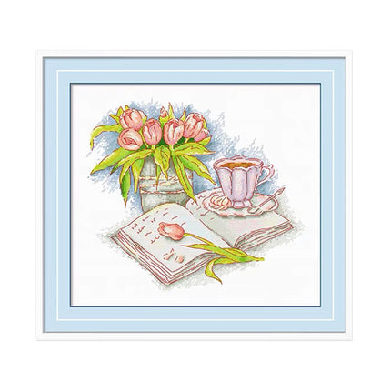 Tulips Coffee and Book Stamped Cross Stitch Kit, 19.7" x 16.5"