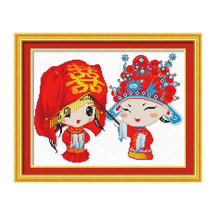 Cute Chinese Wedding Concept Couple Stamped Cross Stitch Kit, 18.1" x 14.2"