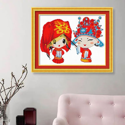 Cute Chinese Wedding Concept Couple Stamped Cross Stitch Kit, 18.1" x 14.2"