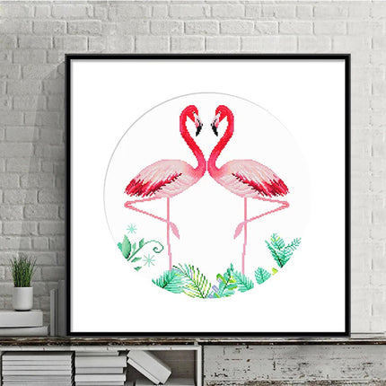 Flamingo Birds in Love and Tropical Plants Stamped Cross Stitch Kit, 19.6" x 19.6"