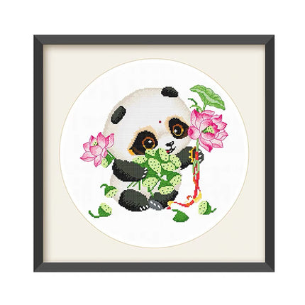 Little Panda with Beautiful Lotus Flowers Stamped Cross Stitch Kit, 19.7" x 19.7"