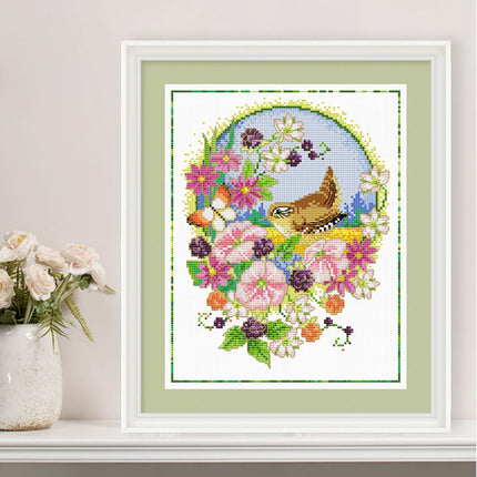Bird and Floral Wreath Whimsical Beauty Stamped Cross Stitch Kit, 13.8" x 15.7"