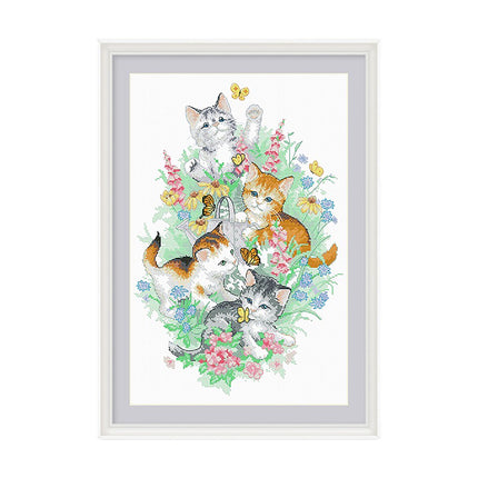 A Group of Cute Kittens Playfully Engaging with Butterflies Stamped Cross Stitch Kit, 17.7" x 25.6"