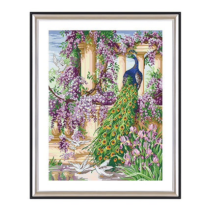 A Beautiful Peacock Standing in a Garden Full of Purple Wisteria Stamped Cross Stitch Kit, 23.6" x 30.7"