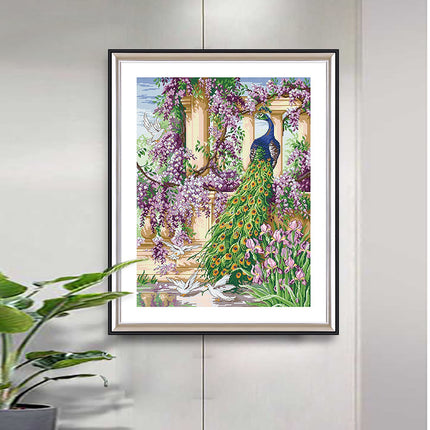 A Beautiful Peacock Standing in a Garden Full of Purple Wisteria Stamped Cross Stitch Kit, 23.6" x 30.7"