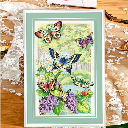 Beautiful Butterflies with The Green Forest of Spring Stamped Cross Stitch Kit, 15.7" x 23.6"