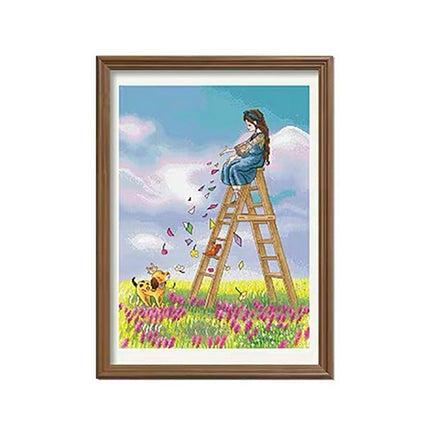 The Girl on the Wooden Stairs Stamped Cross Stitch Kit, 19.7" x 25.6"