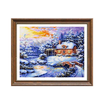 Snow House River Hut Forest Stamped Cross Stitch Kit, 23.6" x 19.7"