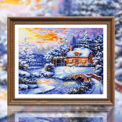 Snow House River Hut Forest Stamped Cross Stitch Kit, 23.6" x 19.7"