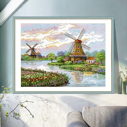 Dutch Windmill Stamped Cross Stitch Kit, 27.6" x 21.7"