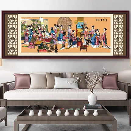 Romantic Oriental Landscape Asian Motive Ancient Beauties with Four Arts of Chinese Scholars Stamped Cross Stitch Kit, 132.3" x 56.3"