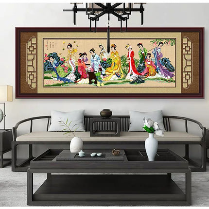 Romantic Oriental Landscape Asian Motive Ancient Beauties with Four Arts of Chinese Scholars Stamped Cross Stitch Kit, 94.9" x 77.6"