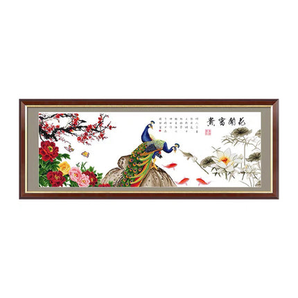 Beautiful Floral Landscape Koi Fish and Peacock Butterflies Stamped Cross Stitch Kit, 68.1" x 26.0"