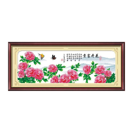 Auspicious Flower Landscape Gorgeous Peonies in A Full Bloom Stamped Cross Stitch Kit, 63.4" x 22.4"