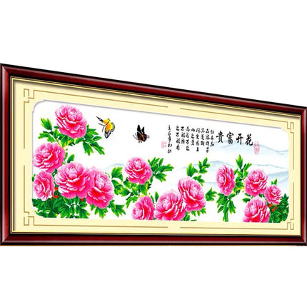 Auspicious Flower Landscape Gorgeous Peonies in A Full Bloom Stamped Cross Stitch Kit, 63.4" x 22.4"