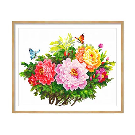 Peony Flowers and Insects Flying Butterflies Stamped Cross Stitch Kit, 26.0" x 20.5"