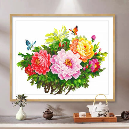Peony Flowers and Insects Flying Butterflies Stamped Cross Stitch Kit, 26.0" x 20.5"