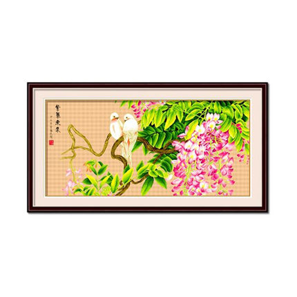 Two White Parrot on Wisteria Pink Flowers Stamped Cross Stitch Kit, 59" x 29"