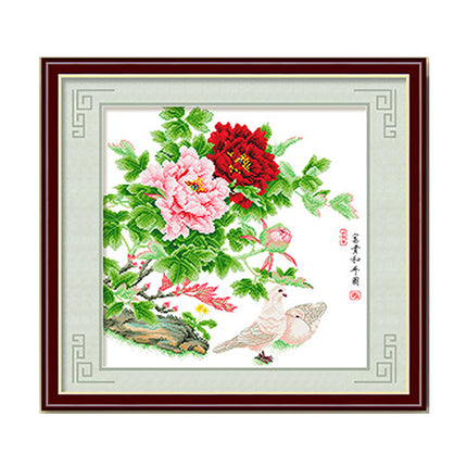 Doves beneath Peony Blossoms Stamped Cross Stitch Kit, 19.3" x 19.3"
