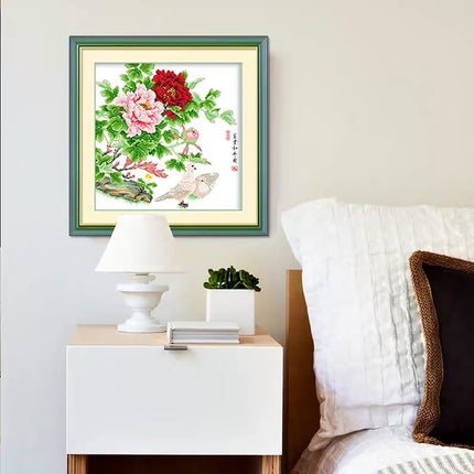 Doves beneath Peony Blossoms Stamped Cross Stitch Kit, 19.3" x 19.3"
