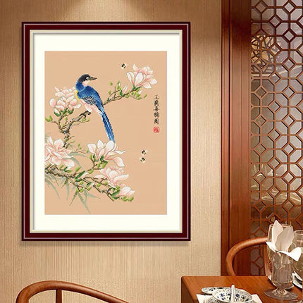 Magpie on Pink Magnolia Branch Stamped Cross Stitch Kit, 14.6" x 19.3"