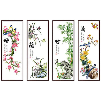 Chinese Four Classic Plants Stamped Cross Stitch Kit, Plum Blossom, Orchid, Bamboo, and Chrysanthemum