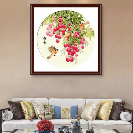 Two birds perched on a branch adorned with bountiful fruits Stamped Cross Stitch Kit, 23.6" x 23.6"