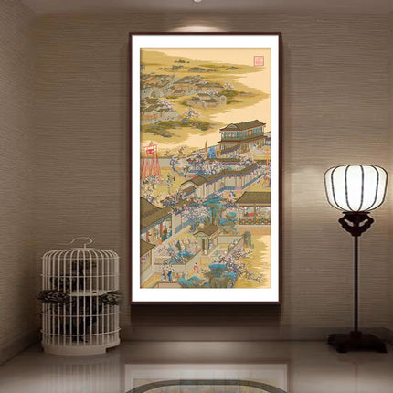Traditional Chinese Painting Qing Dynasty Prosperous Picture Stamped Cross Stitch Kit, 29.5" x 51.2"