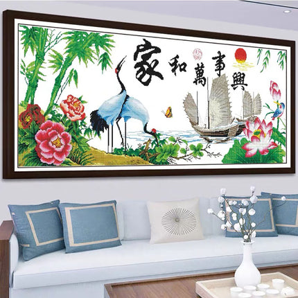 Harmony and Prosperity Sunrise Sailboat Cranes Peony Bamboo Stamped Cross Stitch Kit, 52.4" x 22.8"