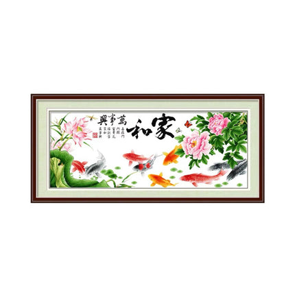 Harmony and Prosperity Nine Koi Fish Lotus and Peony Stamped Cross Stitch Kit, 59.1" x 24.4"