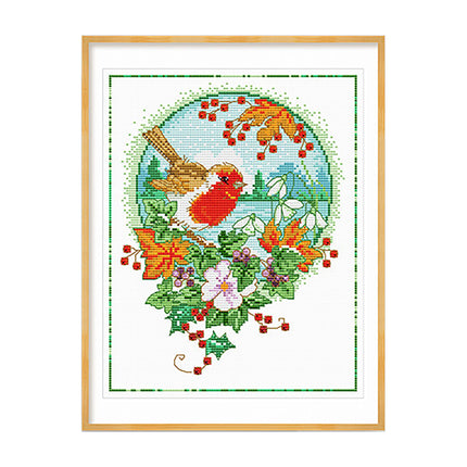 Bird and Floral Wreath Whimsical Beauty Stamped Cross Stitch Kit, 13.8" x 15.7"
