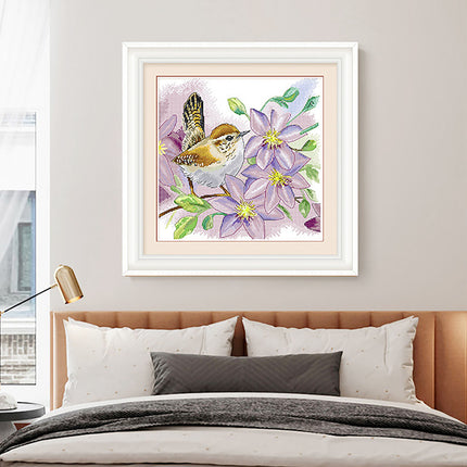 Clematis Blossom and Bird Stamped Cross Stitch Kit, 17.7" x 17.7"
