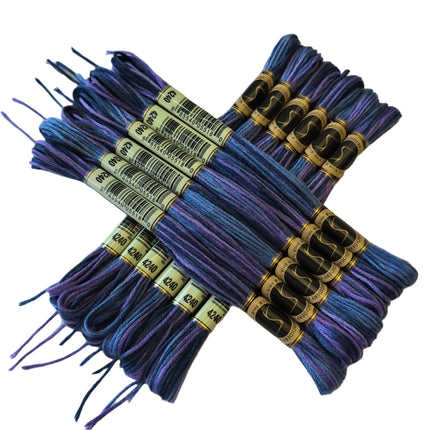 Bundles of purple embroidery floss with labels on a light background