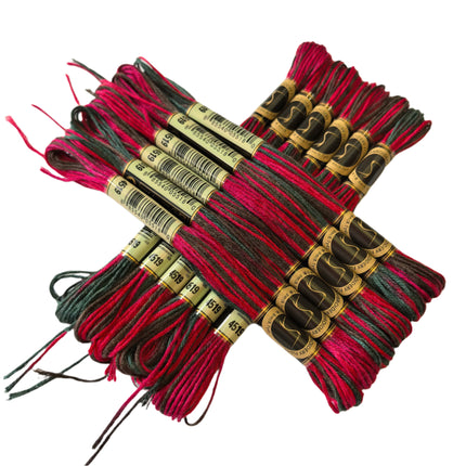 Set of red, black, and green embroidery threads with brand labels by sewcrane