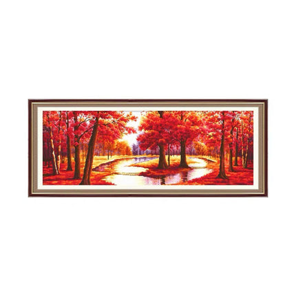 Autumn Scenery Lake Fall Trees Red Leaves Stamped Cross Stitch Kit, 50.0" x 19.7"