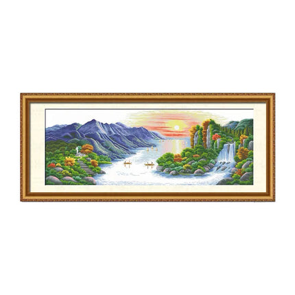 A Majestic Landscape with Mountains, Rivers, and Sunrise Stamped Cross Stitch Kit, 76.8" x 29.9"