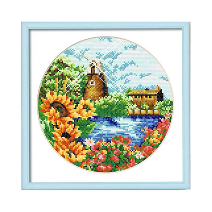 Summer Village Scenery with Sunflowers Windmill Stamped Cross Stitch Kit, 13.8" x 13.8"