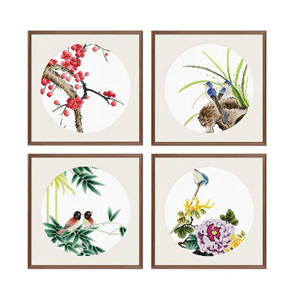Chinese Four Classic Plants Stamped Cross Stitch Kit, Plum Blossom, Orchid, Bamboo, and Chrysanthemum
