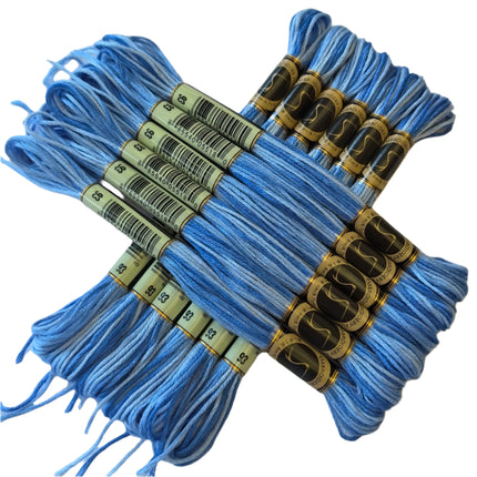 Bundles of blue embroidery floss with labels on a white background