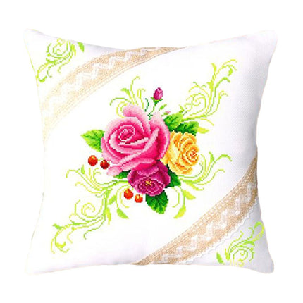 Blossoming Rose Floral Design Cross Stitch Pillow Kit, 18" x 18"