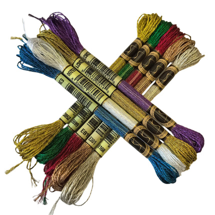 Set of colorful embroidery threads on a beige fabric background